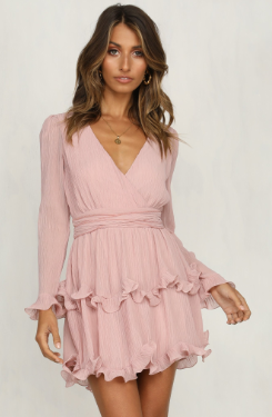 Fashion women Long Sleeve V neck Pink Vintage Dress