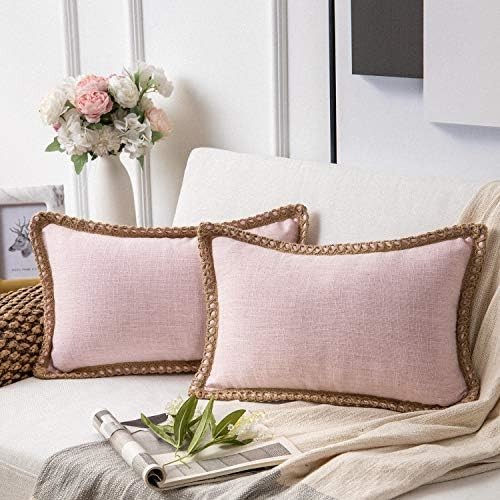 Phantoscope Pack of 2 Farmhouse Decorative Throw Pillow Covers,Solid pattern for home Burlap Linen Trimmed Tailored