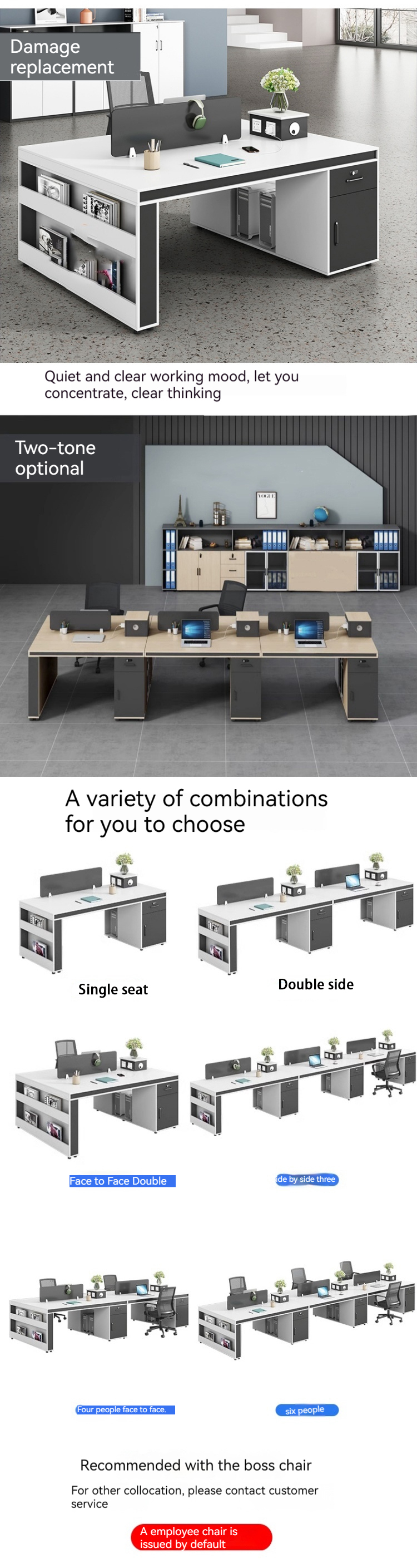 Modern Design Simple Office Workstation with 2 4 6 Staff Chairs and Desk Combination