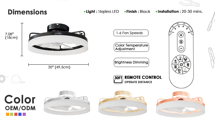ABS Clear Plastic Blades 20 Inch Ceiling Fan with LED Light and Flush Mount Design