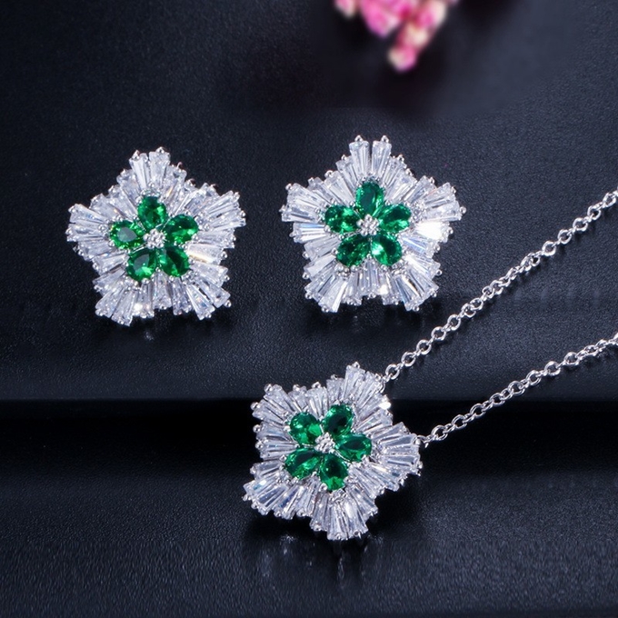 White Gold Color Luxury Bridal CZ Crystal Necklace and Earring Sets Big Wedding Jewelry Sets For Brides