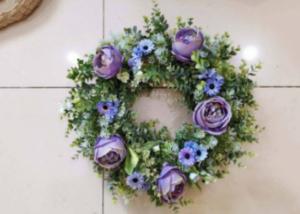 Quality Artificial 55cm Purple Blue Rose Chrysanthemum Wreath With Green Leaves wholesale