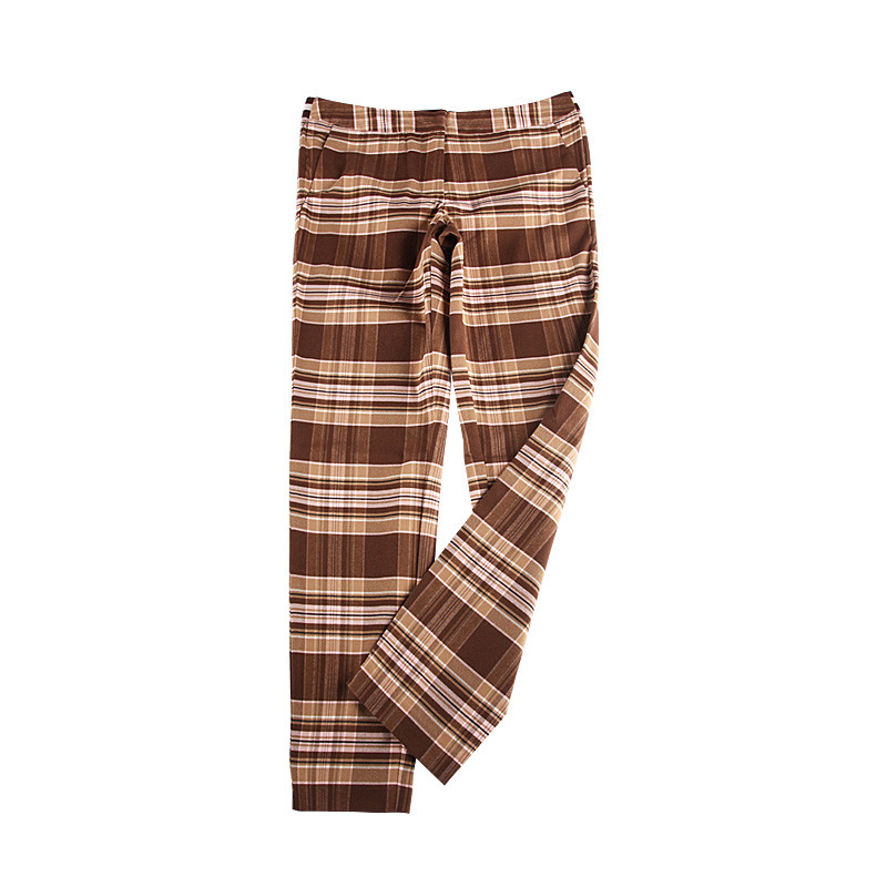 Stockpapa Black And Coffee Half Elastic Waist Plaid Skinny Pants womens
