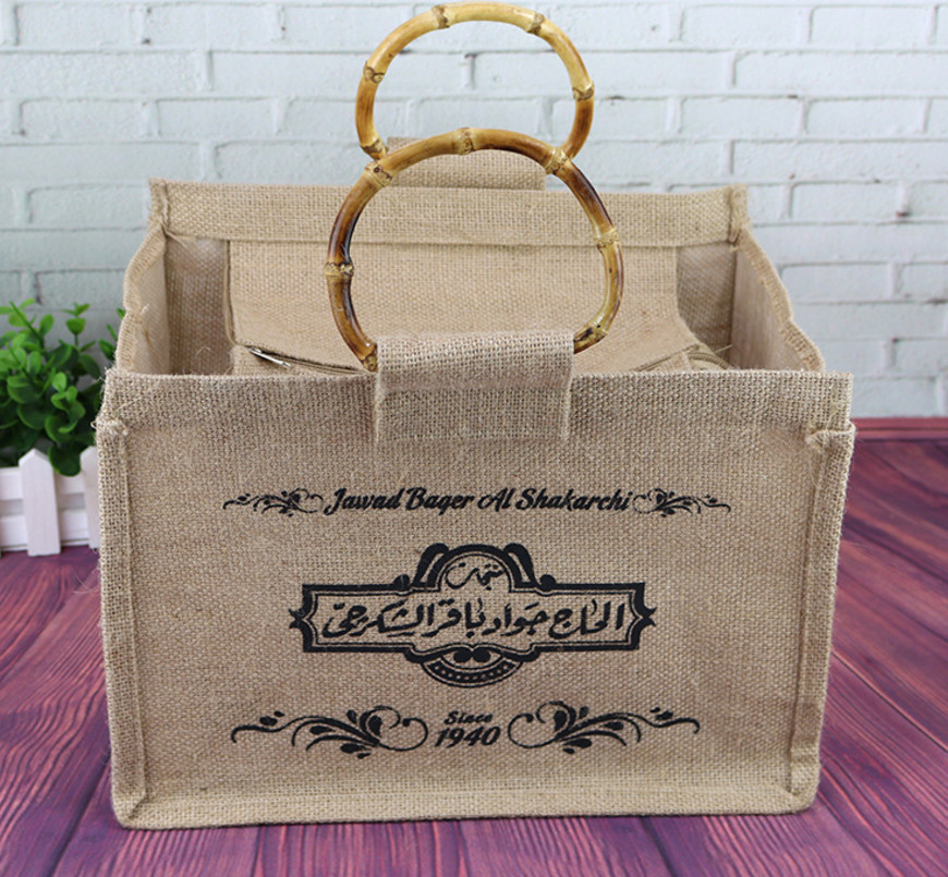 Reusable Shopping Bag,Wooden Handle Tote Folding Bag Jute Made In China Packing Linen Bags