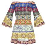 strapless short printed women dress with pattern design in puff sleeve