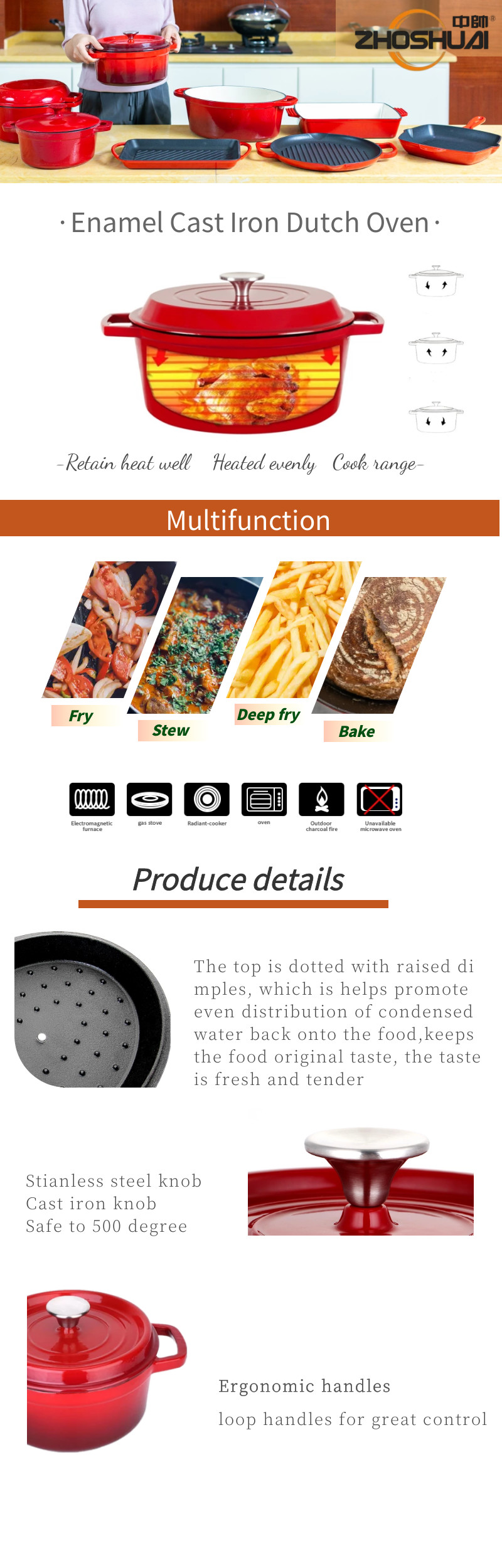 2/2.5/2.8/3.8/4.8L Enameled Cast Iron Braiser For Daily Use