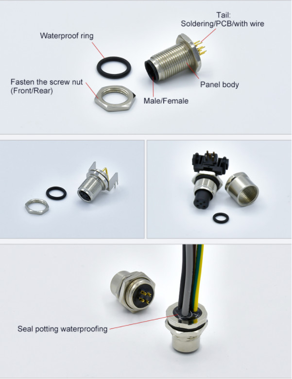 Front PCB M12 Female Panel Mount Connector Waterproof Connector For Sensor