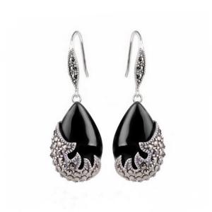 Quality Vintage Sterling Silver Black Onyx with Marcasite Dangle Drop Earrings (E12033BLACK) wholesale
