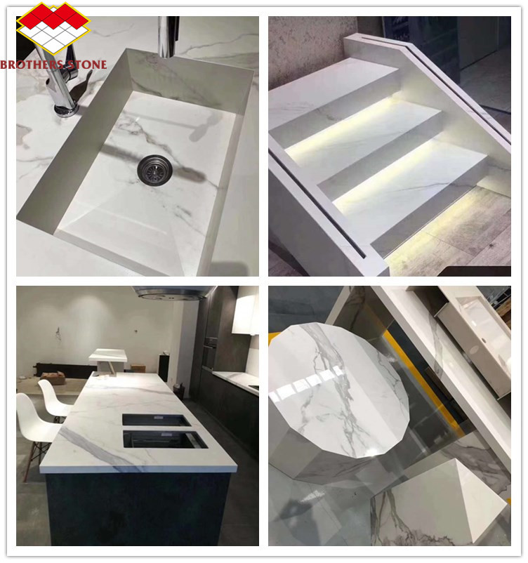 MOHS 6-7 Hardness White Marble Look Porcelain Tile Stairs with Customized Design