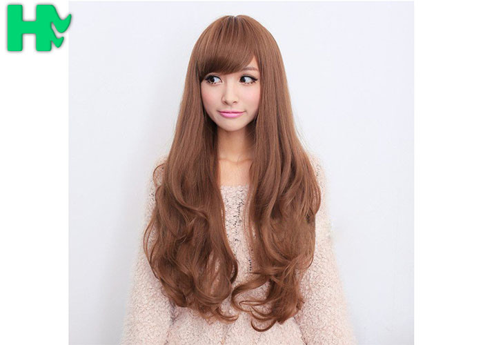 Free Wig CatalogsBrown Color Long Synthetic Wigs For Party , Synthetic Hair Wigs