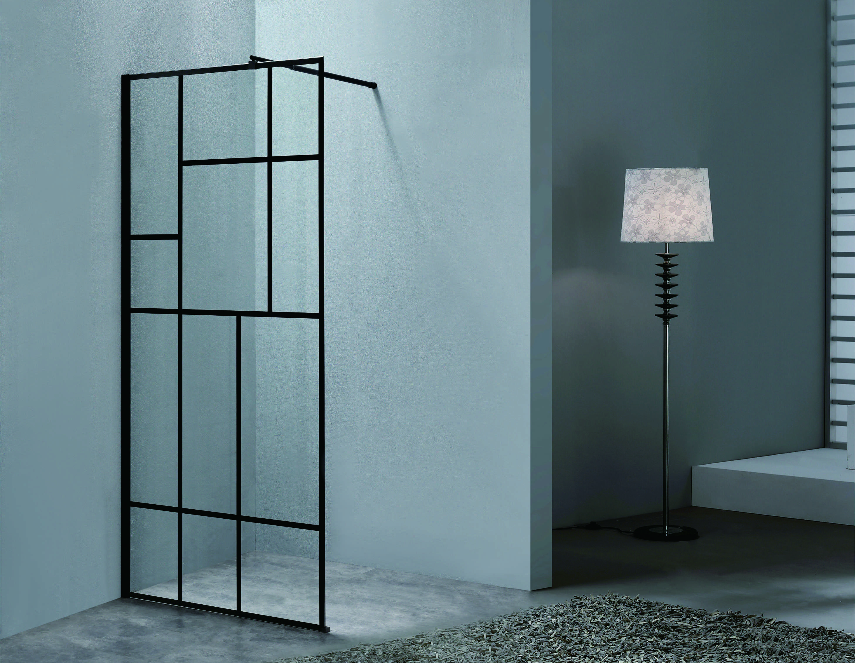 Modern Frameless Shower Enclosure With Black Frame Stripes Glass And Alum Frame