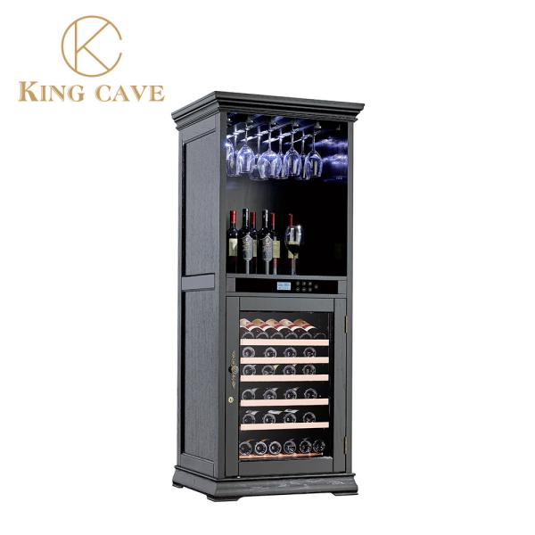 Glass Wine Cellar Refrigerator Electric Wine Cooler Black Wooden Shelves Kitchen