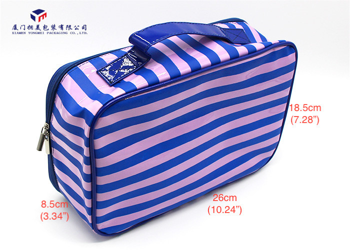 Pink / Blue Stripe Soft PVC Bags Blue Zipper With Two Metal Heads Reusable Design
