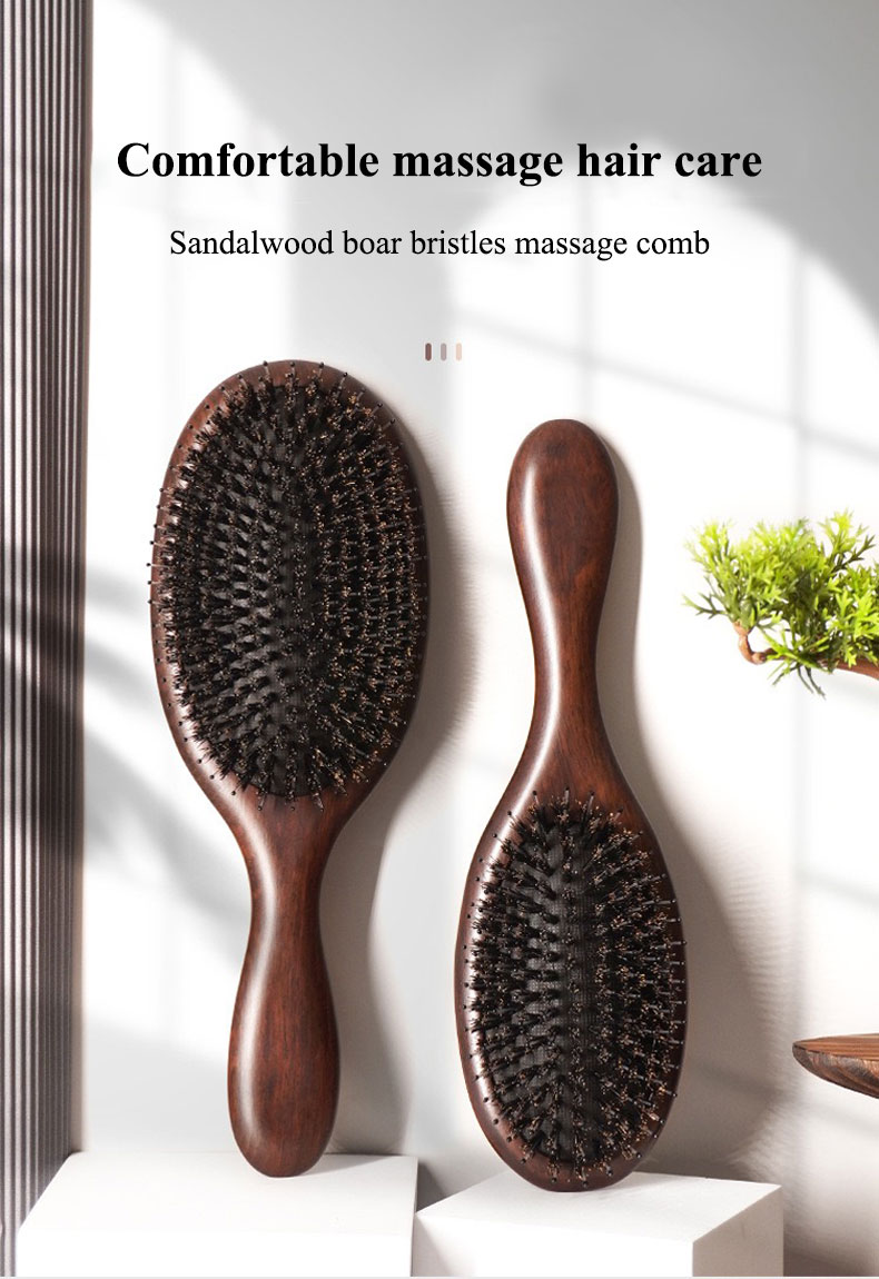 Black Sandalwood And Natural Wood Boar Bristle Hair Brush For Massage