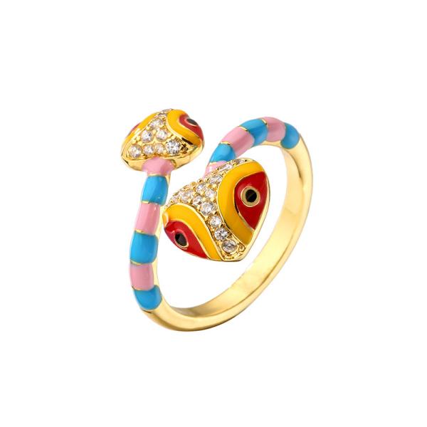 Colorful 24k Gold Plated Enamel Diamond Ring Open Heart Cobra Zircon For Women