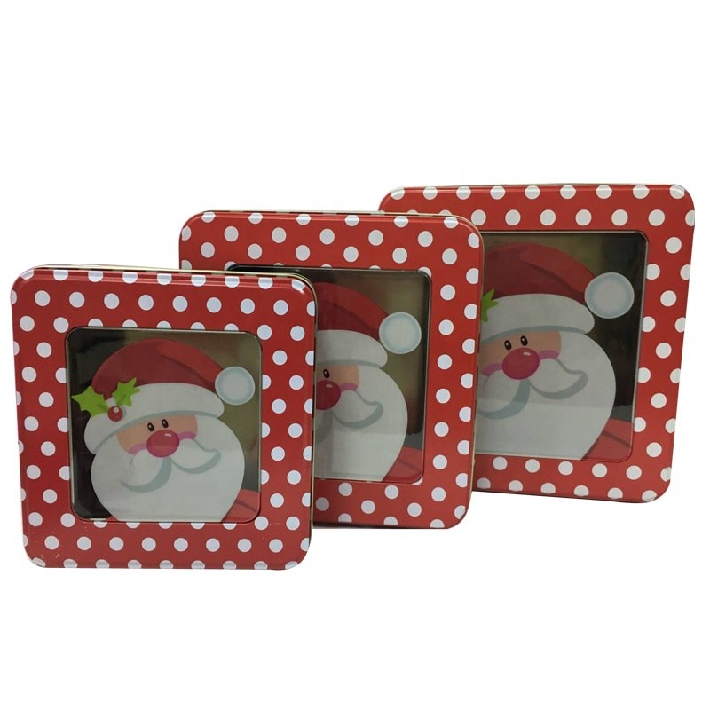 Custom Square Cookie Tins Holiday Metal Tin Container with PVC Clear Window Vintage Tin Boxes with Lids
