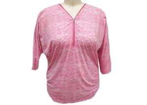 Quality 1/2 Length Batwing Sleeves Ladies Casual T Shirt Half Zipper V Neck Snow Mélange Fabric wholesale
