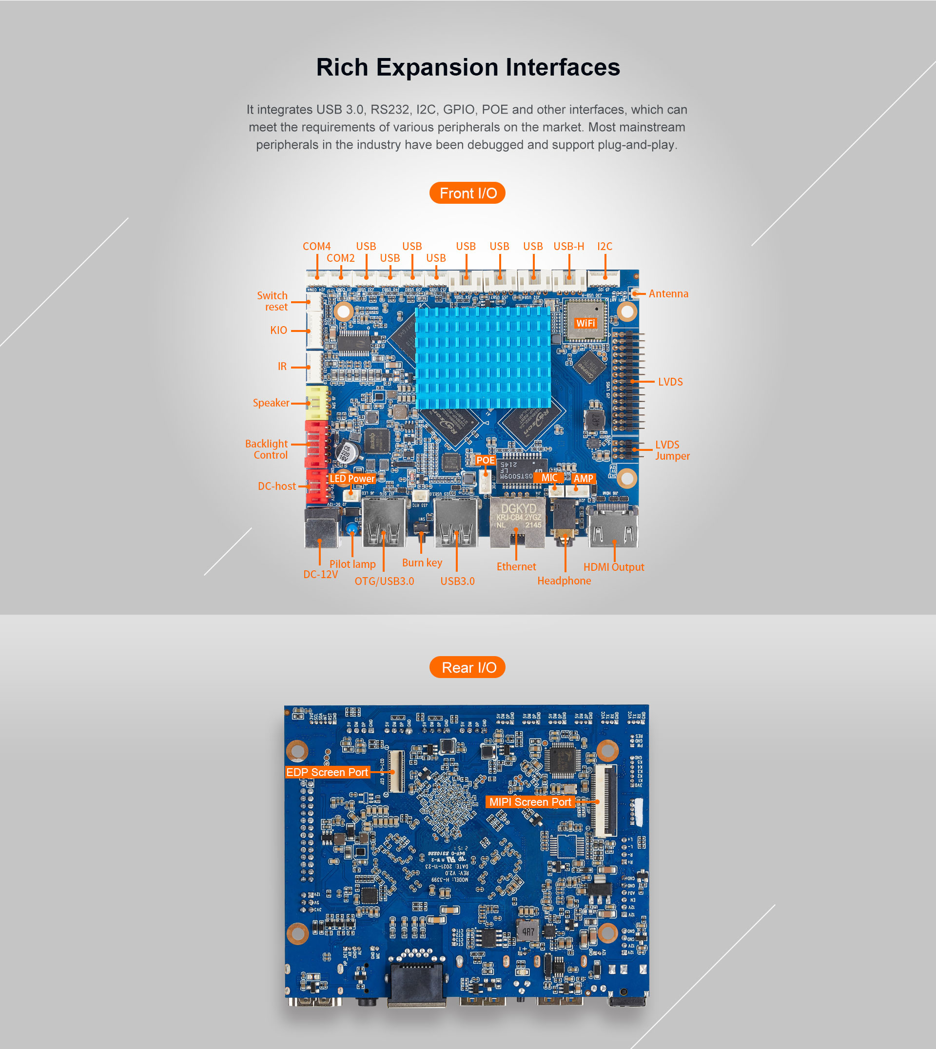 H-3399 Smart HMI Motherboard Quad Core Mali-T860 Standard 16GB EMMC 2 external USB3.0