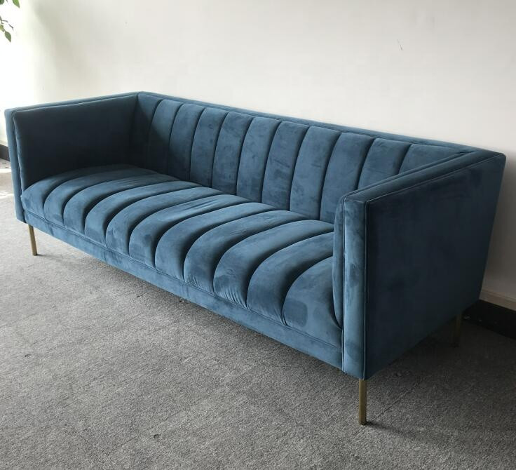 Blue Velvet Tufted 3 Seat 221x76x78cm Living Room Sofa