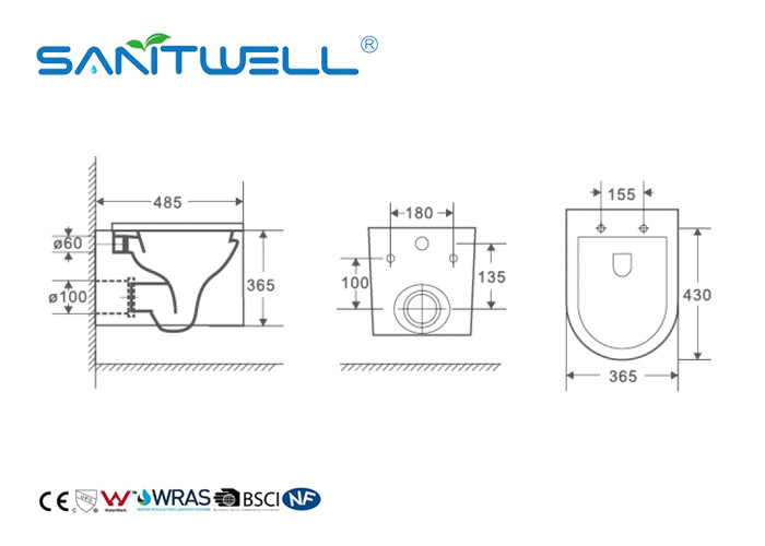 Sewage Smooth Wall Mounted WC Single Piece With Rimless Flushing System