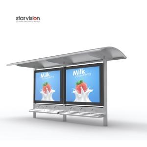 China Customized Colour Advertising Light Box Prefabricated Bus Stop Shelter SS Curved Roof on sale