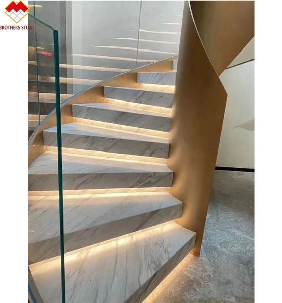 Modern LED Light Following Anti-Slip Indoor Staircase Crystal White Marble