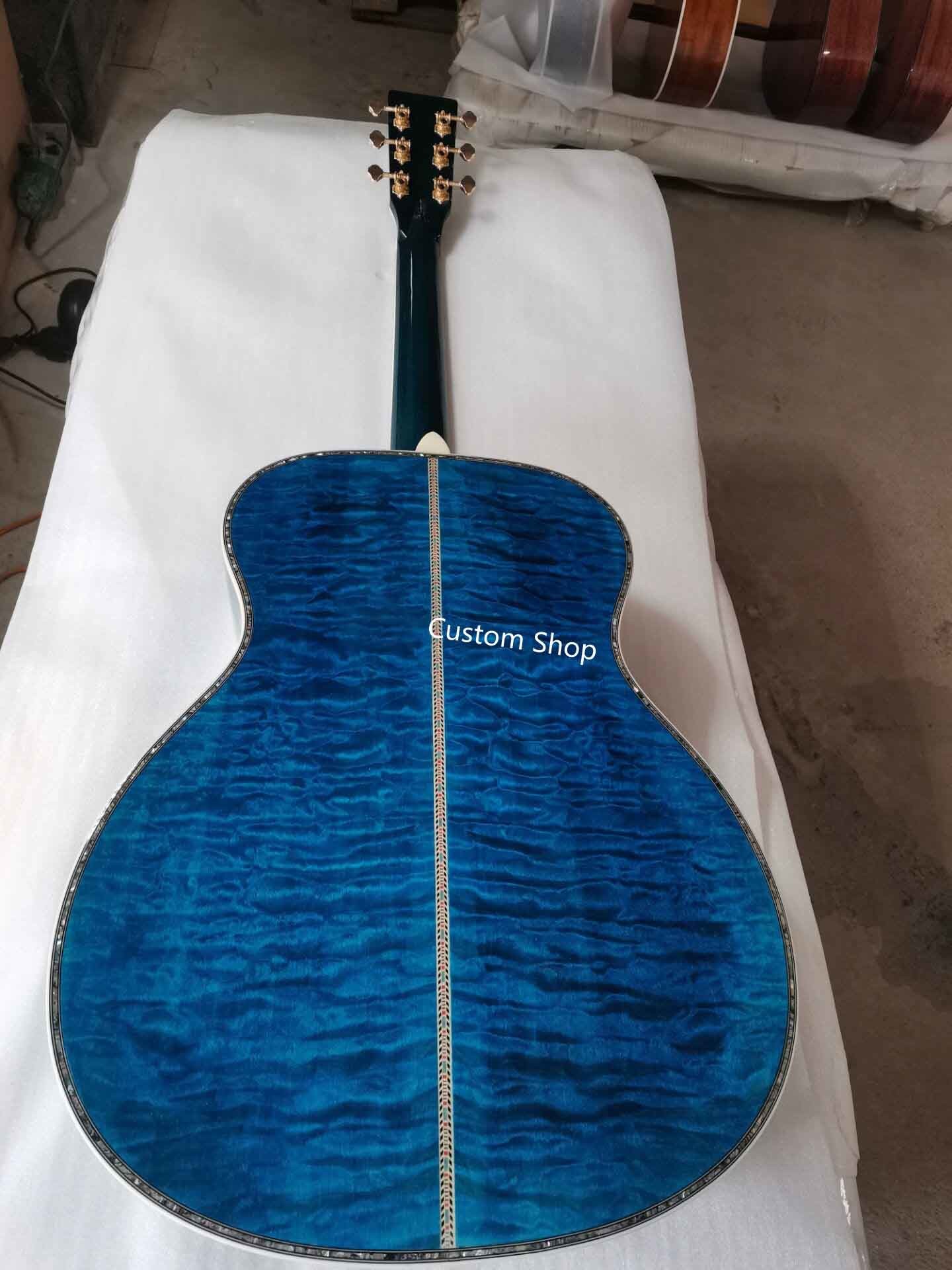 Custom 14 Frets Scalloped X Shaped Bracing OM Water Wave Top Full Abalone OM45 Blue Quilted Figured Maple Acoust