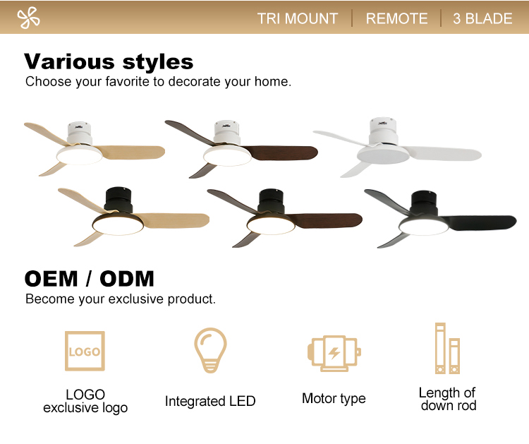 Nordic Style Flush Mounted LED Ceiling Fan with 3 Blades and 6000k Color Temperature