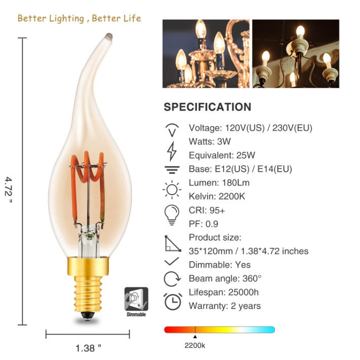 Flexible Soft Spiral LED Filament Bulb C35 E27 E14 Dimmable 180lm