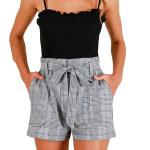 Leg Straight Ladies Plaid Elastic Waistband With Pocket Cotton Linen Shorts