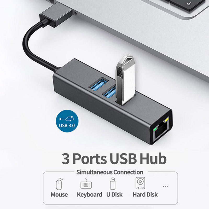 Gray USB3.0 Hub And RJ45 Lan Adapter With 3 USB Ports Gigabit Ethernet Network Card