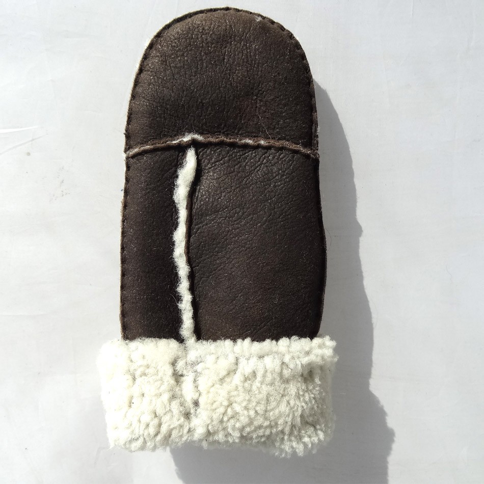 Bilberry Cheap Patched Sheepskin Lamb Fur Mittens with Belt for lady brown color
