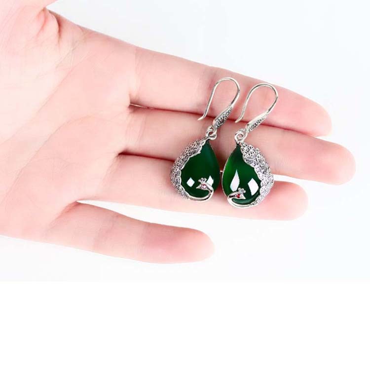 Thai Sterling Silver Green Chalcedony Drop Retro Earrings (E170619GREEN)