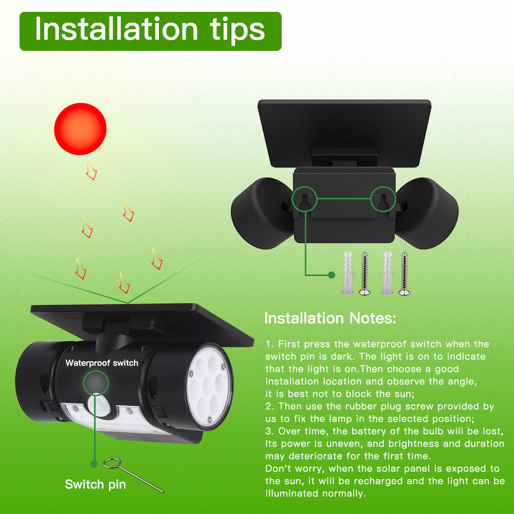PIR Sensor 90lm 5V 1.3W Solar Wall Lamp Adjustable Angle Dual Head 2200mAh