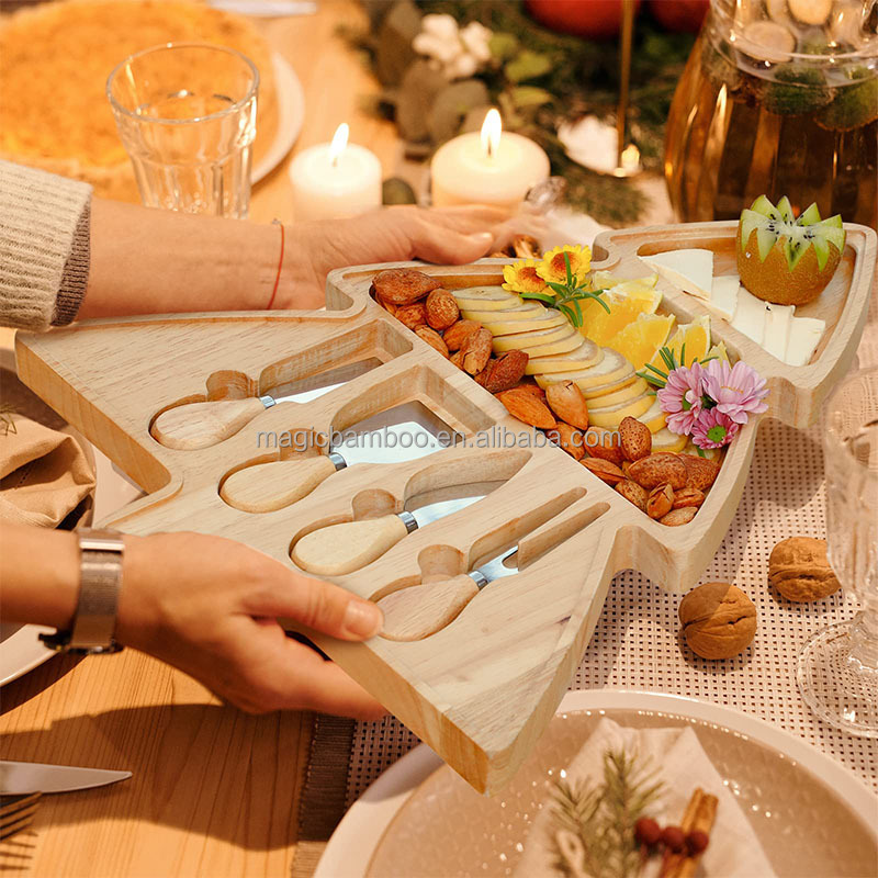 Unique Irregular Christmas Tree Charcuterie Board Set And Knives Made of Solid Bamboo