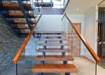 U Shape Tempered Glass Stair Railings Interior , Steel Staircase With Wood