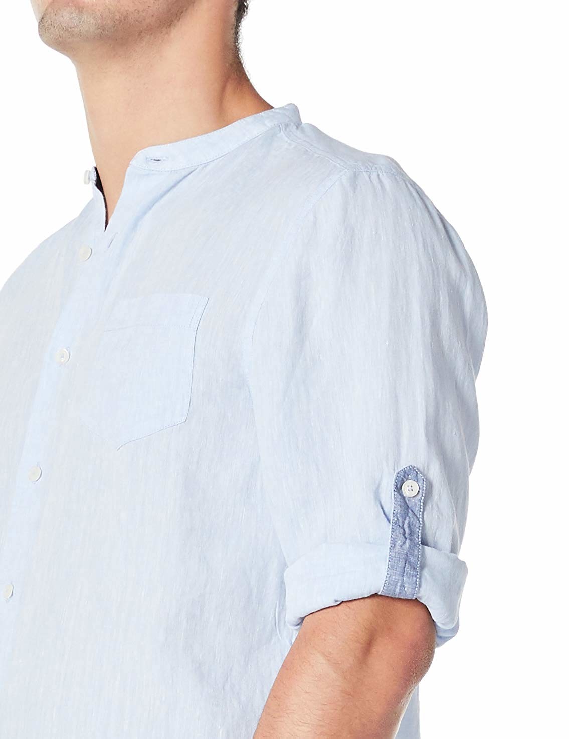 Casual Band Collar Linen Shirt Solid Color S M L Roll Up Long Sleeve Shirt