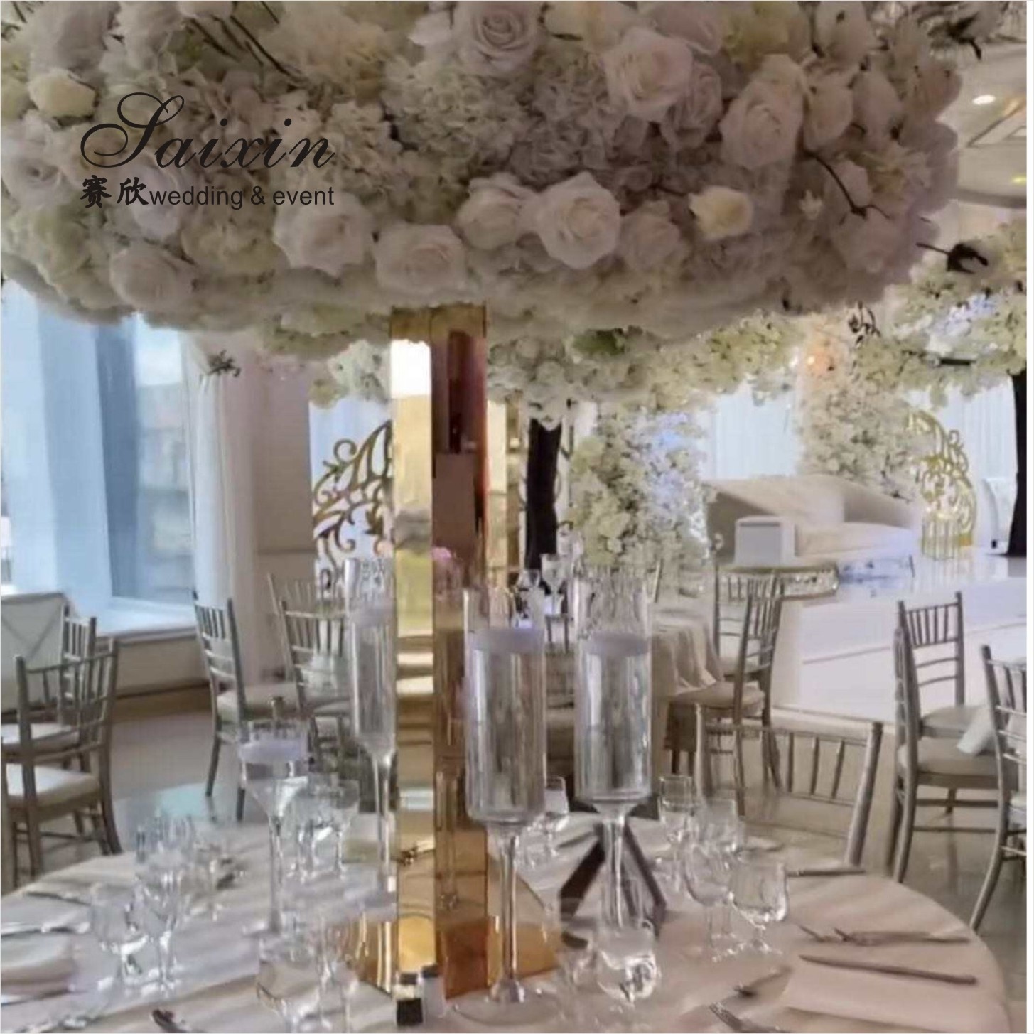 ZT-564 Wholesale Hot Sale Event Wedding Centerpieces Tall Gold Mirror Pillar Flower Stand