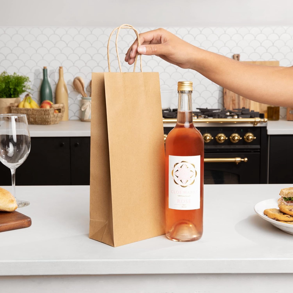 Customized Logo Gravure printing Kraft Paper Bags for Beer Wine Bottle Hand Tote Gift