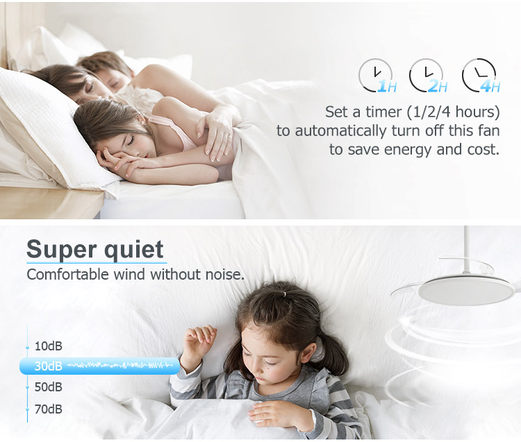 Ultra Thin White Elegant Design Retractable Ceiling Fan with LED Light and 6" Downdrod