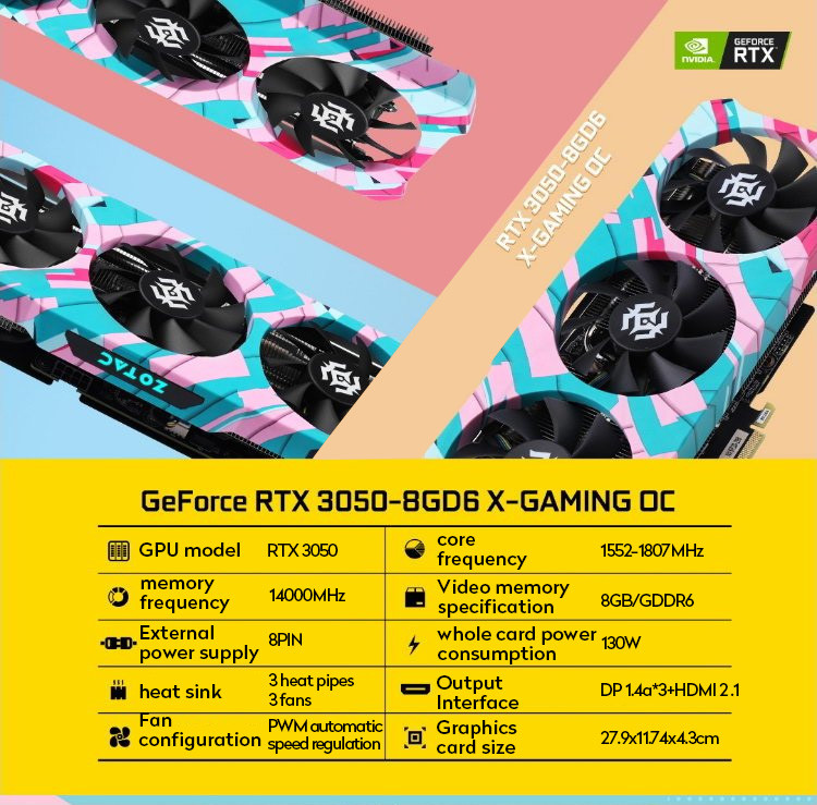 128bit Computer Game Graphics Card GEFORCE RTX 3050 8GB GDDR6 8pin Interface