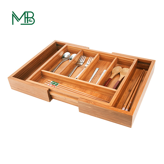 Expandable Rectangle Kitchen Tableware Bamboo Silverware Cutlery Tray CE Certificate
