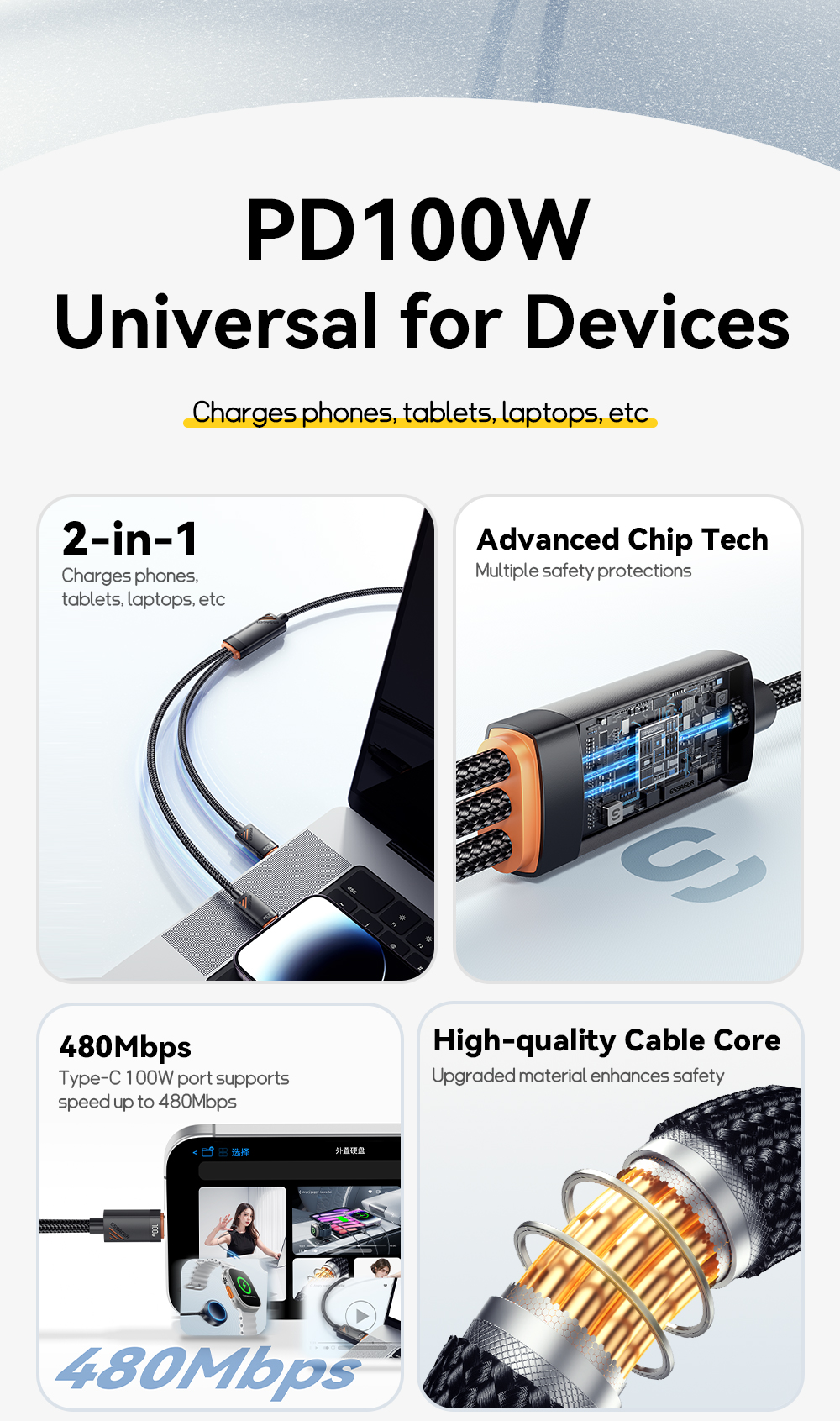 ESSAGER ES-X66 2 in 1 Cable USB C to Type C Lighting Data Charging Cable