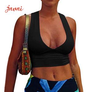 Quality 215gsm Women'S Sexy Deep V Neck Bra Back Cutout Wide Hem Racerback Tank Crop Tops wholesale