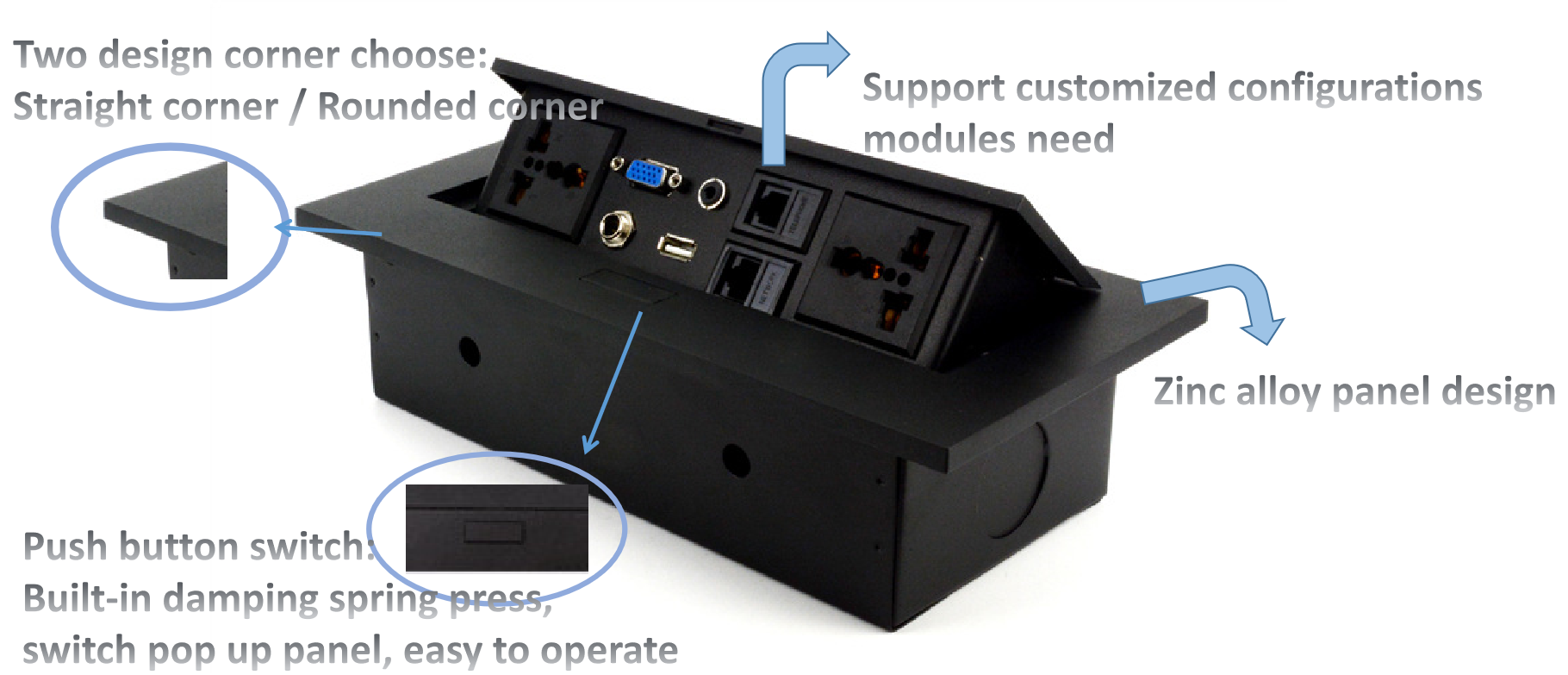 Motorized Kitchen Worktop Sockets Pop Up Plugs For Countertops Aluminum Alloy
