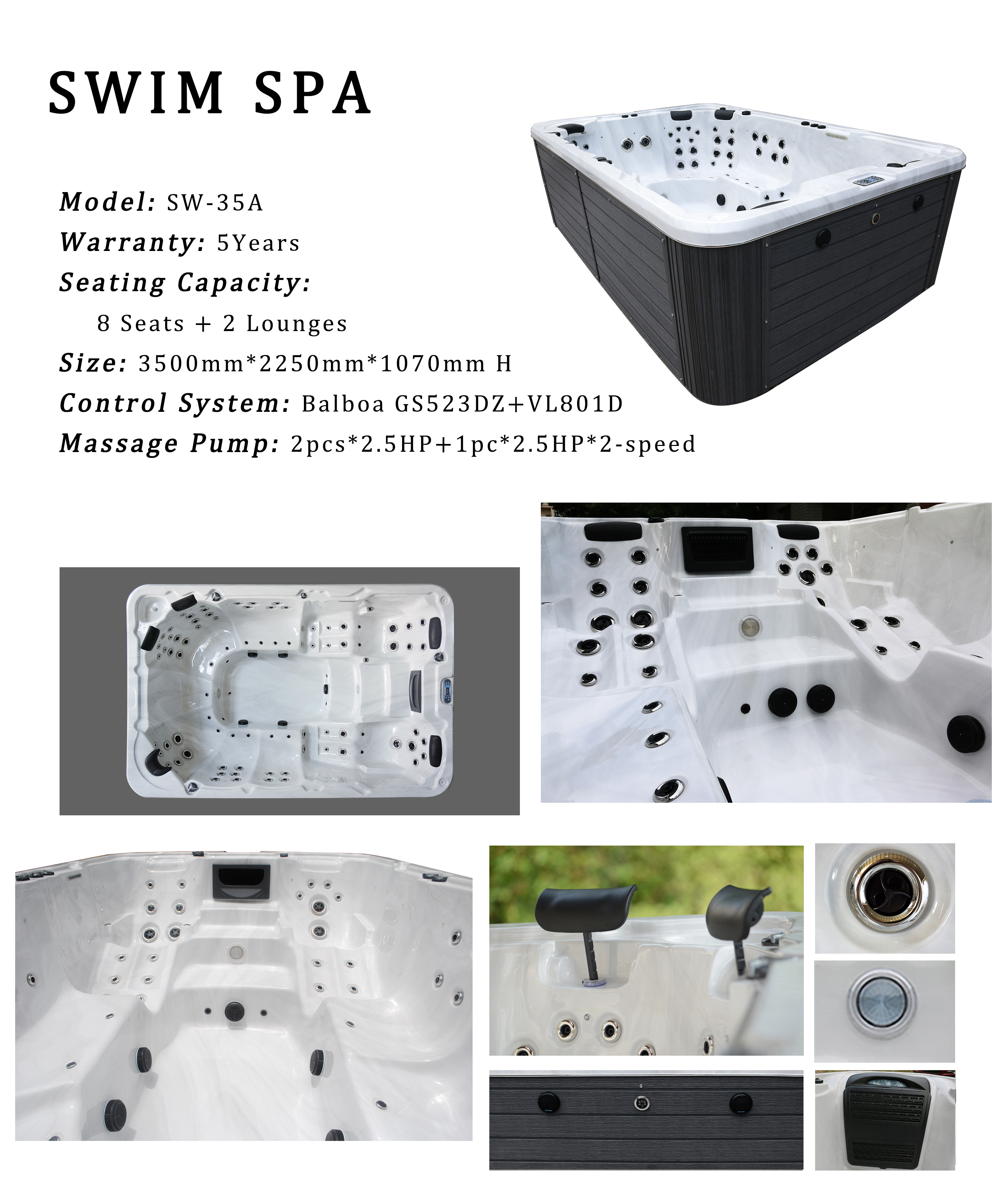 3.5m Hotel Spa Outdoor Whirlpool Swimming Spa Pool For 8 Person