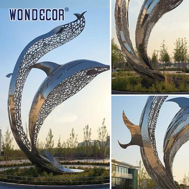 Large outdoor park metal art hollow lines dolphin stainless steel sculpture