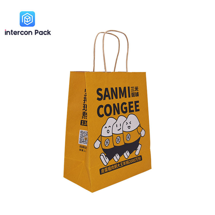 Recyclable Kraft Paper Shopping Bags Brown Color Take Away Food Bag