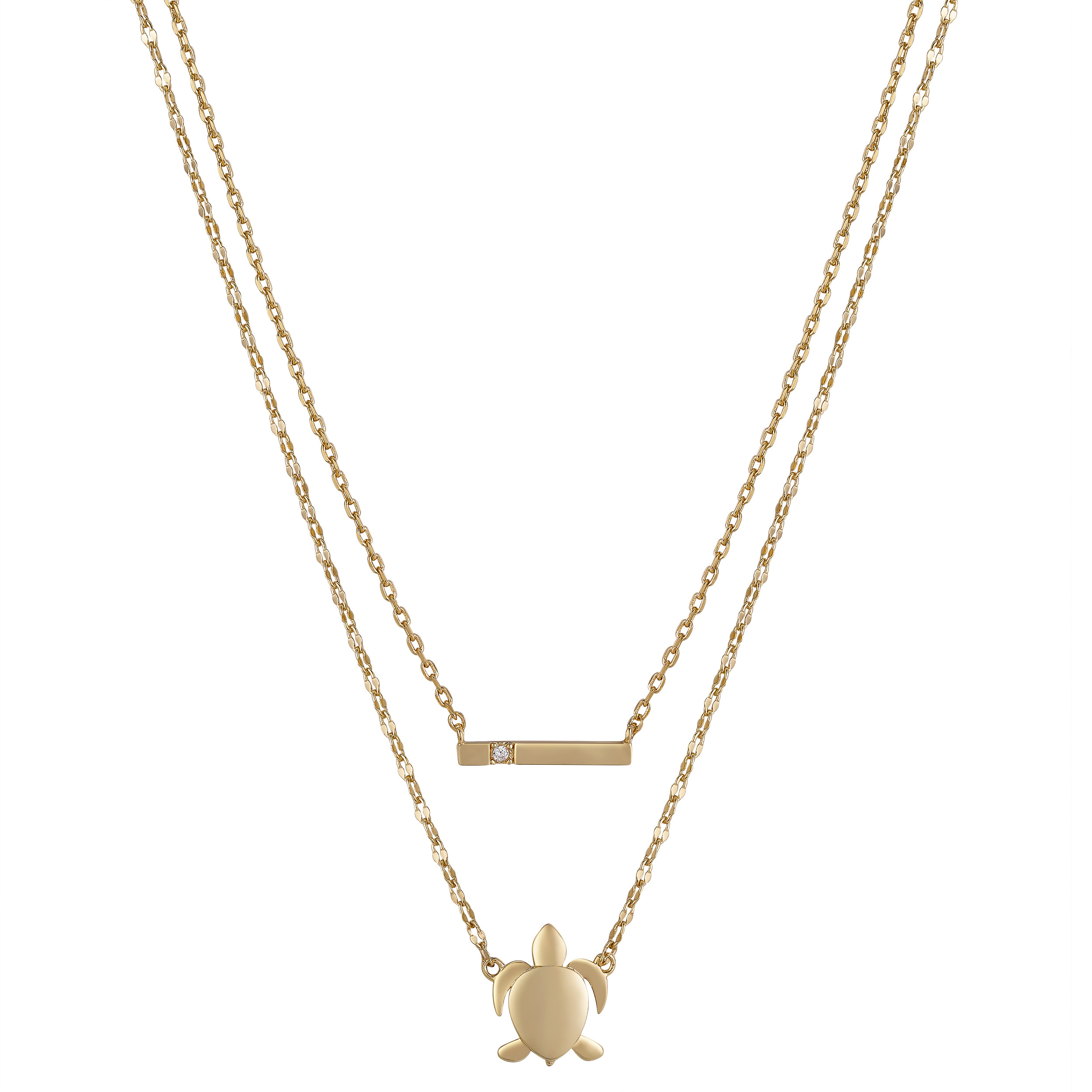 14K Gold Flash-Plated Cubic Zirconia Bar and Turtle 2-Piece Necklace Set with Extender