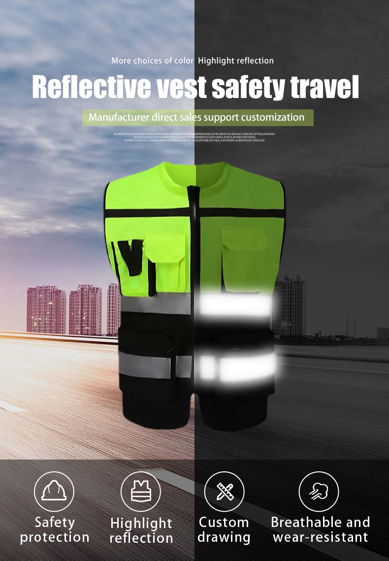 Patchwork Polyester Safety Vest With Pockets And Zipper Orange Green